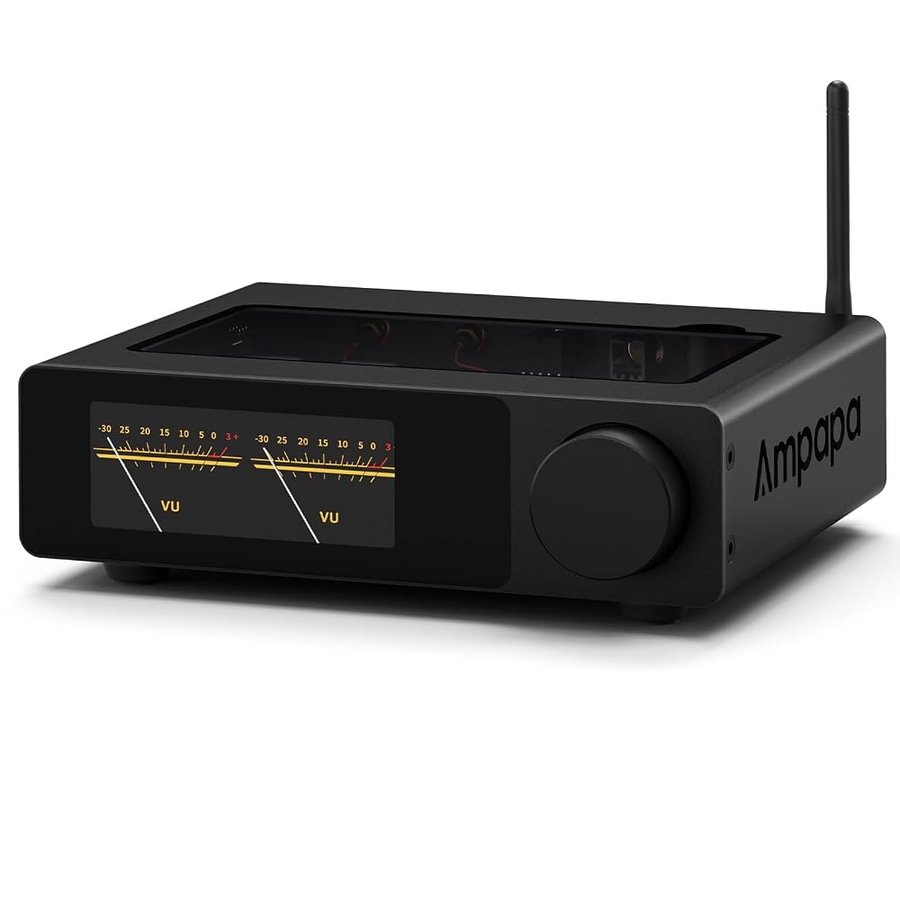 Ampapa D1 Amplificatore Bluetooth: Amp Stereo con BT 5.2 | HPF | VU Meter Digitale | Pre-Out sub | Ingresso TRS Bilanciato | Controllo del Tono e Telecomando per Home Theater e Sistema di Scaffali