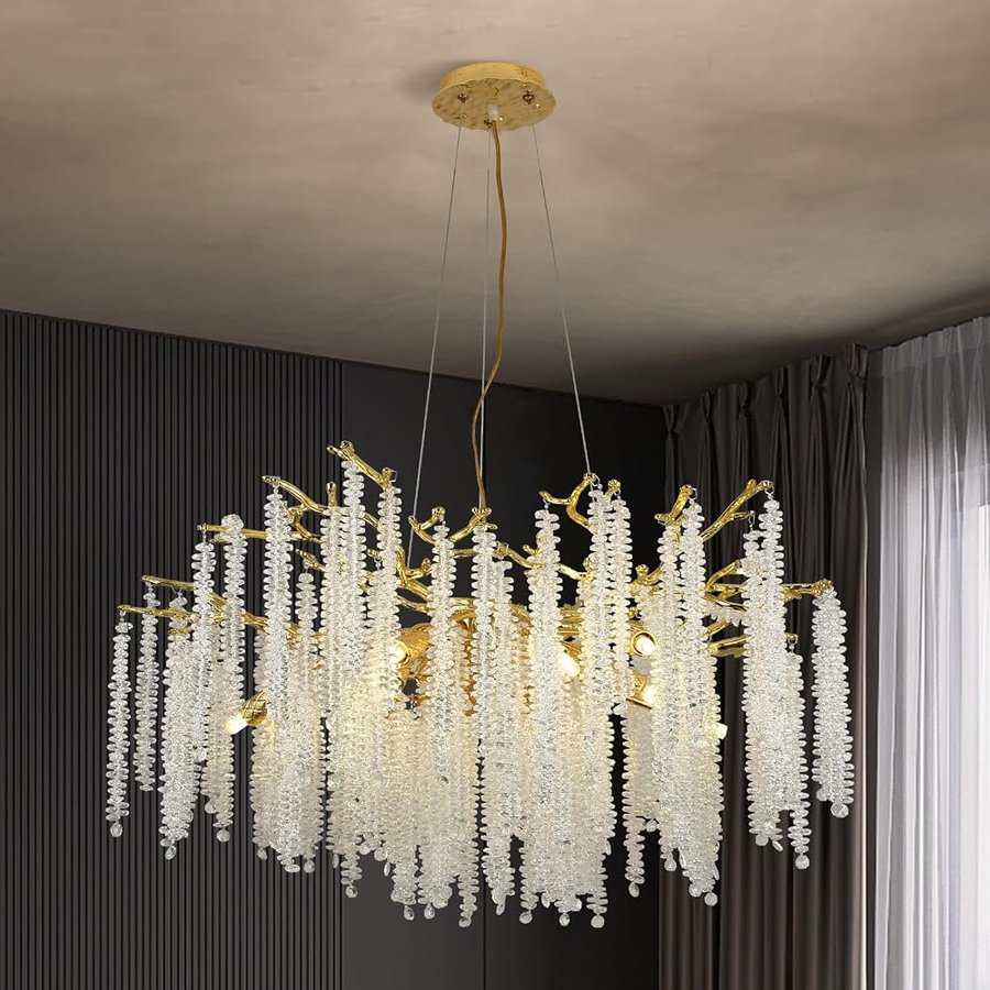 ZenithBeam Lampadario A Sospensione Cristallo Oro Design Ramo Naturale,Lampadario Soggiorno Lusso Per Sala Da Pranzo,Camera Da Letto,Robusto Alluminio Pressofuso e Scintillante Cristallo K9,D80Cm