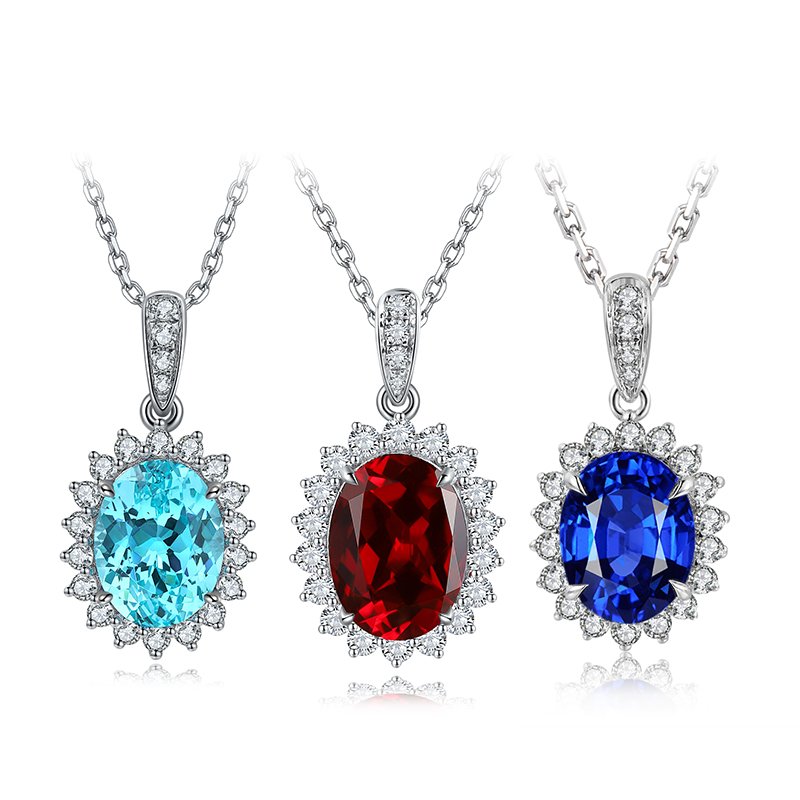 S925 Silver 2.4g Lab-Created Gemstone Necklace, 8x10mm Ruby&Sapphire&Paraiba Pendant, 40&5cm