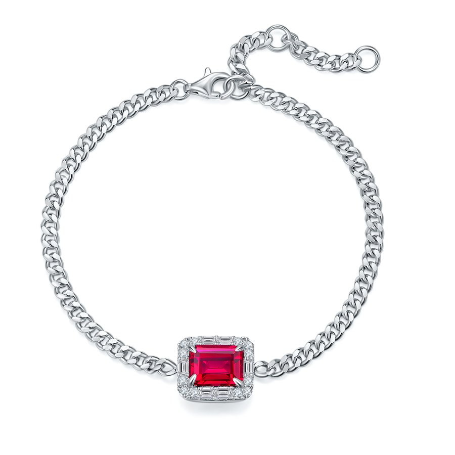 S925 Sterling Silver Lab-Grown Ruby Bracelet, 8x6mm Emerald Cut Halo Adjustable Cuban Chain, Platinum Plated 5.4g Women's Jewelry Gift Box
