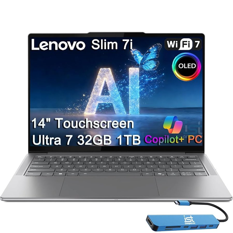 Lenovo Slim 7i Aura Edition AI Laptop (14" FHD+ OLED Touchscreen, Intel Core Ultra 7 258V, 32GB DDR5, 1TB SSD) Copilot+ PC, Ultra-sottile, durata della batteria 17 ore, webcam IR 5MP, hub IST, Wi-Fi 7