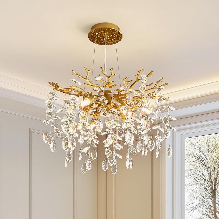 Lampadario di cristallo moderno con ramo di albero di lusso in cristallo dorato illuminazione a sospensione 45,7 cm contemporanei lampadari a 6 luci per sala da pranzo cucina camera da letto