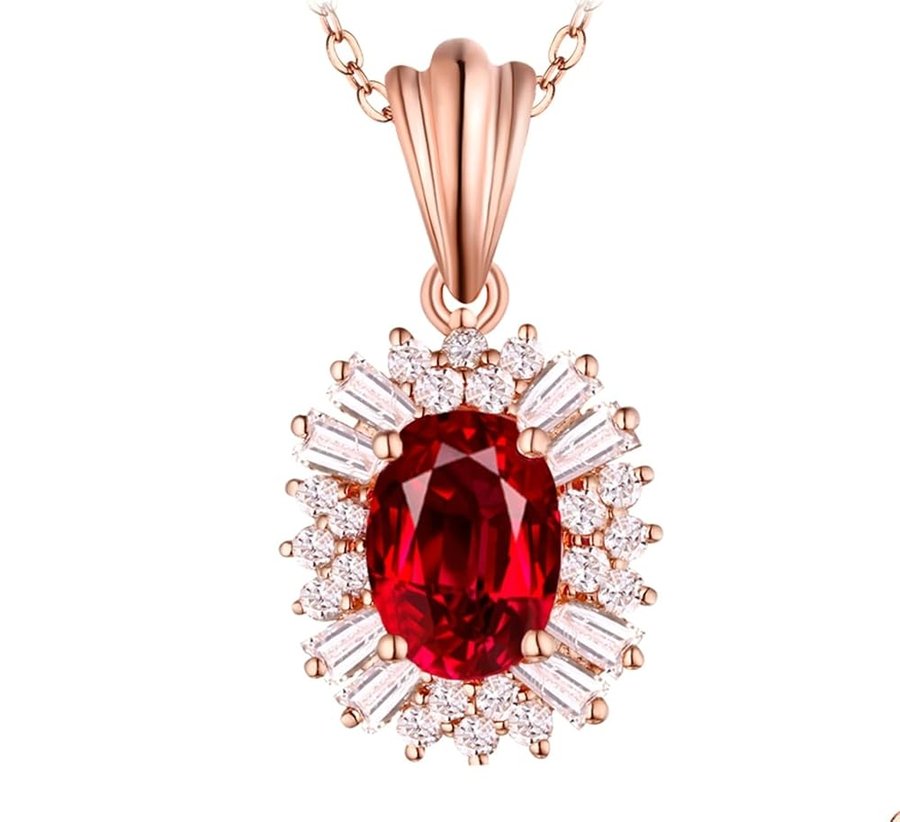Collana in oro 18 carati Au750, con ciondolo classico delicato con rubino taglio ovale, collana da donna in oro giallo 750, da donna, per matrimonio, 50 cm
