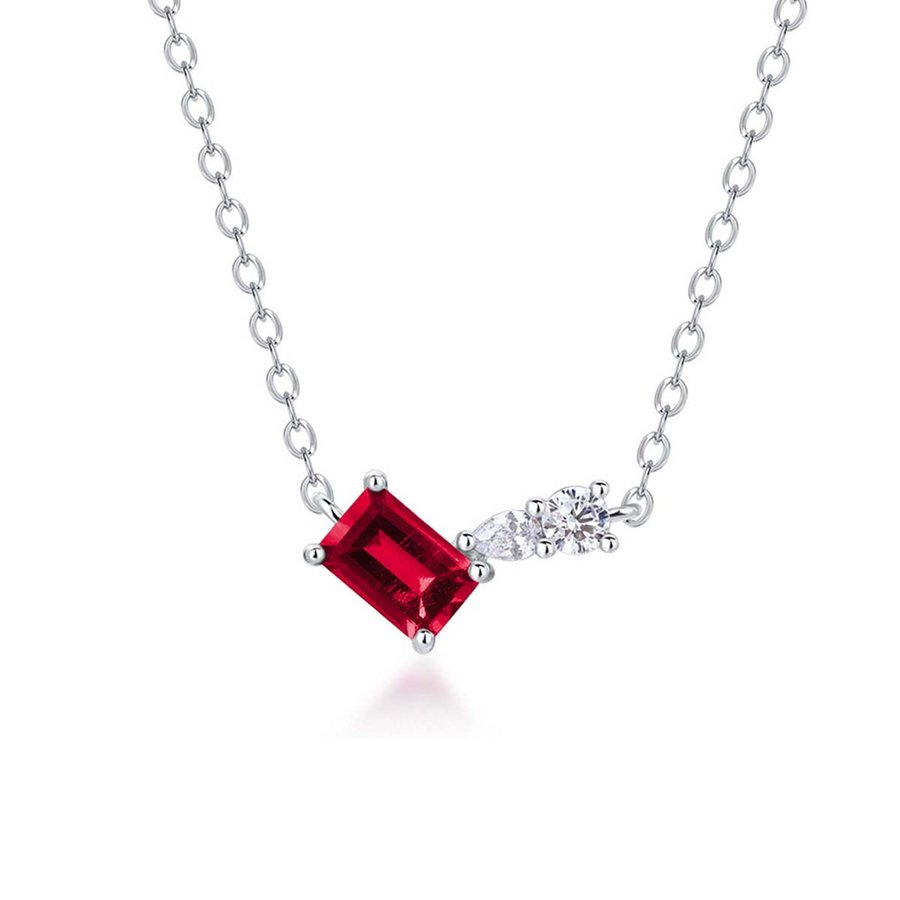 S925 Sterling Silver Geometric Necklace, 6x4mm Lab-Grown Ruby & Emerald, Platinum Plated Minimalist Chain, 2g Women's Jewelry Gift Box