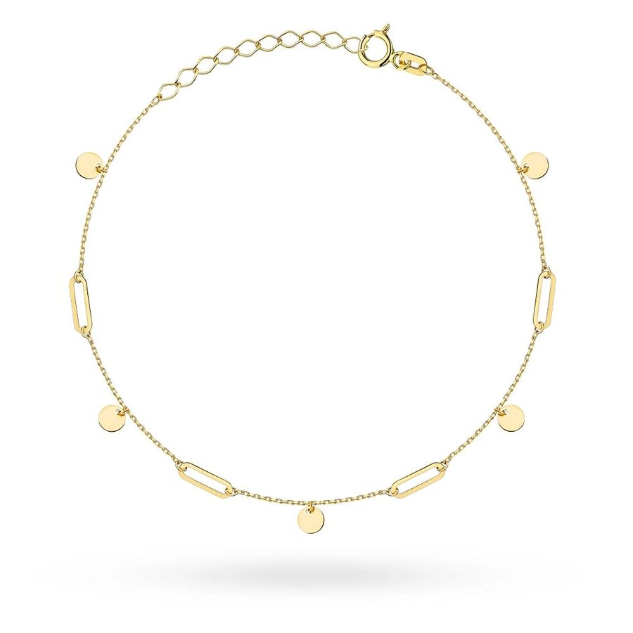 Bracciale da donna in oro giallo 585 (14 carati), maglie e ciondolo a cerchio, 17-19 cm