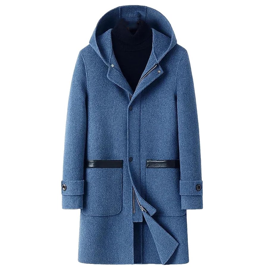 Inverno Cashmere Cappotti Uomo Lana Giacca A Vento In Pelle Con Cappuccio Cerniera Medio Lungo Trench Giacche