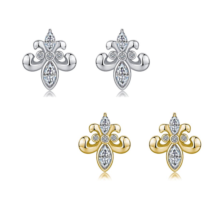 S925 Sterling Silver Fleur-de-lis Stud Earrings, D-VVS1 Moissanite Marquise Cut, Platinum Plated 1.8g, Elegant Women's Jewelry Gift Box