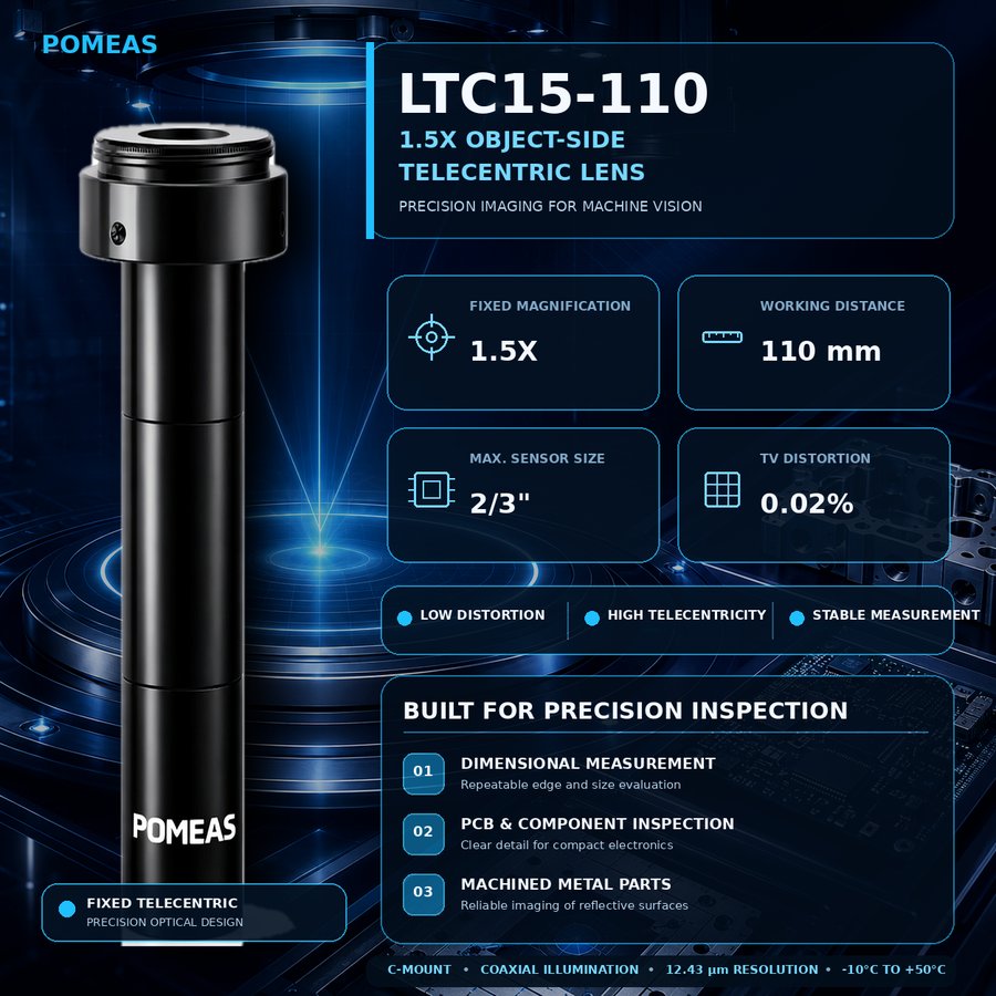 1.5X Object Side Telecentric Lens 110mm WD 2   3 Inch C Mount Coaxial Low Distortion Machine Vision Measurement