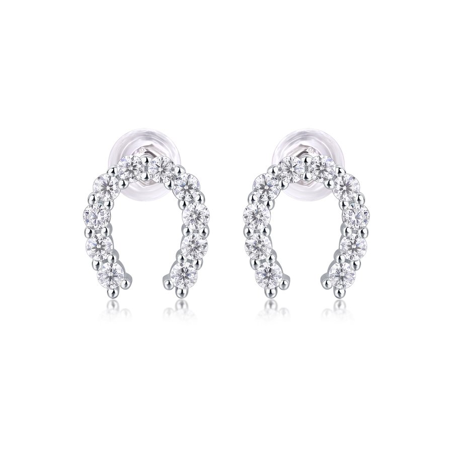 S925 Sterling Silver U-Shaped Hoop Stud Earrings, 20 D-VVS1 Moissanite Pave, Platinum Plated 1.6g Lightweight With Silicone Backs, Gift Box