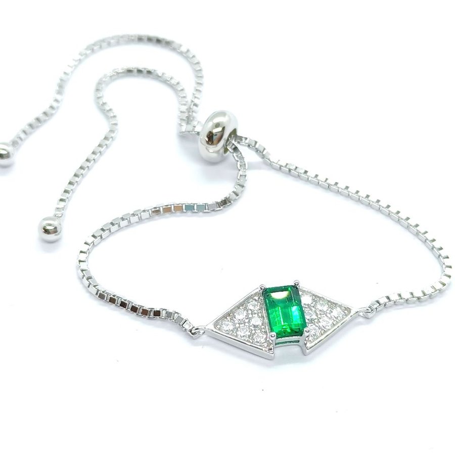 S925 Sterling Silver Rectangle 6x4mm Lab-Grown Emerald Ruby Bracelet 22cm Slider Adjustable Platinum Plated Gift Box