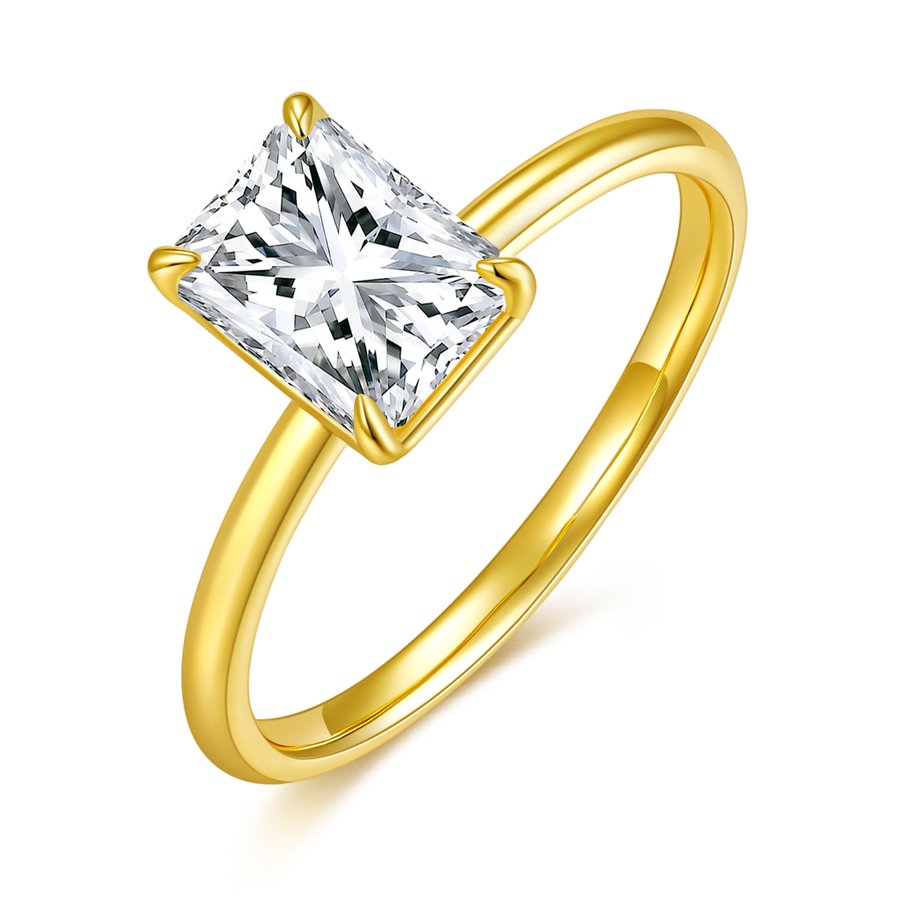 S925 Silver 2.0g Gold Plated 2ct Moissanite Ring, 8x6mm D VVS1 Radiant Cut, GRA Certified US 5-9