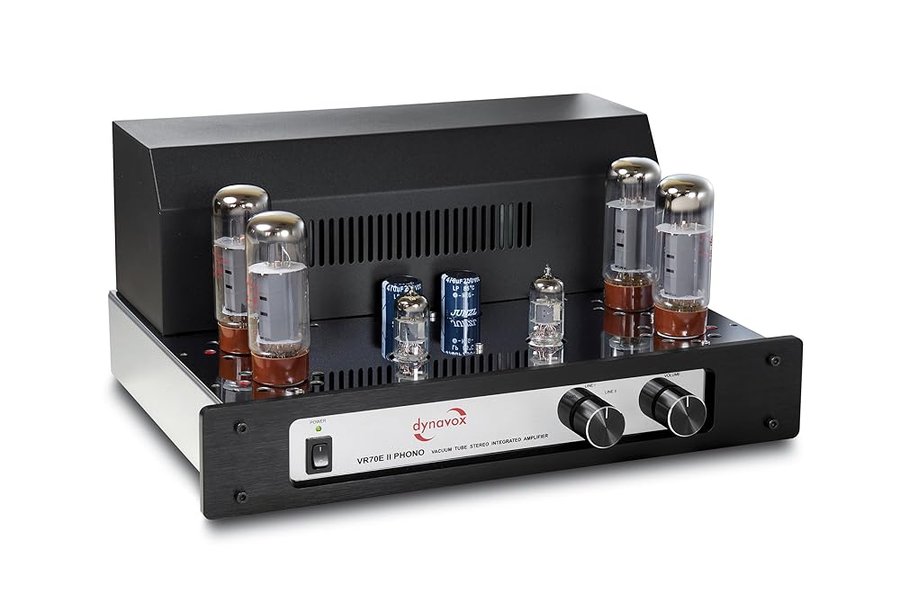Dynavox VR-70E II Phono amplificatore integrato a valvole, amplificatore HiFi, design vintage con griglia di protezione rimovibile, preamplificatore phono integrato per giradischi, colore cromato