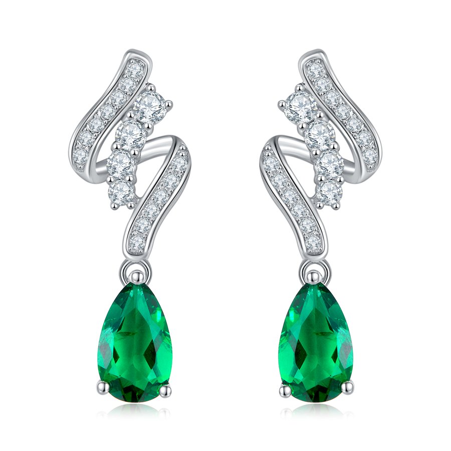 S925 Silver 2.4g 1.52ct Lab-Created Emerald Drop Earrings, 8x5mm Pear Cut