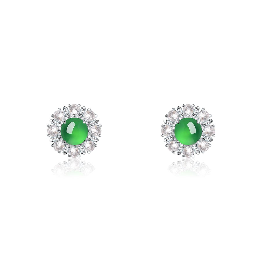 S925 Sterling Silver Flower Stud Earrings, 6mm Round Green Chrysoprase, Platinum Plated 3.2g Elegant Women's Jewelry With Gift Box Set