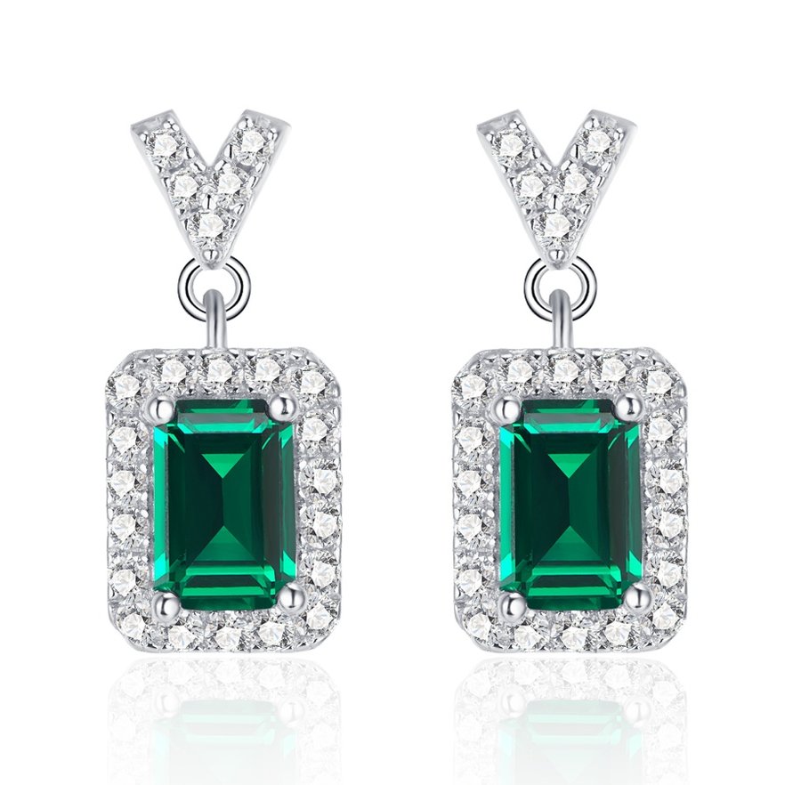 S925 Sterling Silver V-Shape Halo Drop Earrings, 6x4mm Lab-Grown Ruby & Emerald, Platinum Plated 2.6g, Women's Jewelry Gift Box