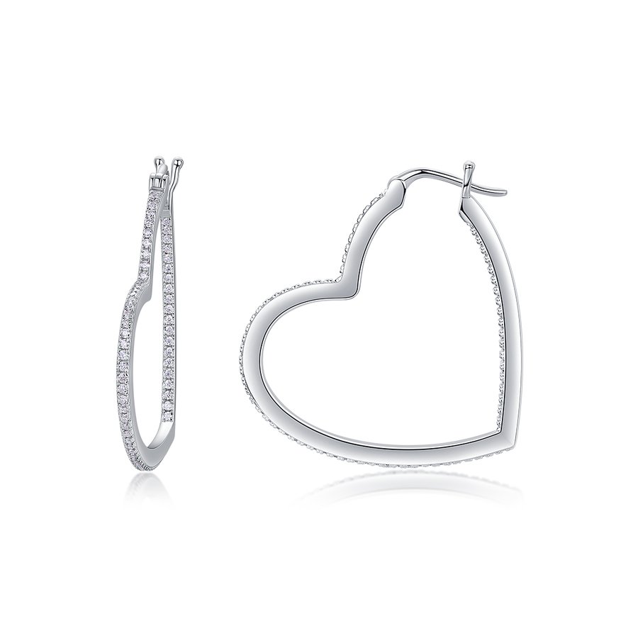 S925 Sterling Silver Open Heart Hoop Earrings, 44 D-VVS1 Moissanite Pave, Platinum Plated 5.4g Women's Jewelry Gift Box