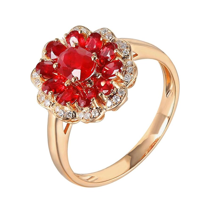Anelli Amicizia Oro Rosa 14K, Fedi Nuziali Donna Fiore Lusso Rubino Rosso Sintetico Ovale da 1.55ct e Moissanite Anello per Fidanzata, Sposa Oro Rosa