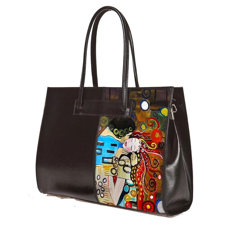 Borsa in Pelle Dipinta a Mano – OMAGGIO AL BACIO APPASSIONATO DI SOPHIE VOGEL –Borsa donna, Cartella a Spalla, Idea Regalo, Porta PC, Artigianato Italiano, Made In Italy, Vera Pelle