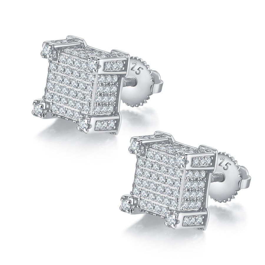 S925 Sterling Silver 216pcs D Color VVS1 Moissanite 3D Cube Earrings 3.2g Screw Back Hypoallergenic GRA Certified Gift Box