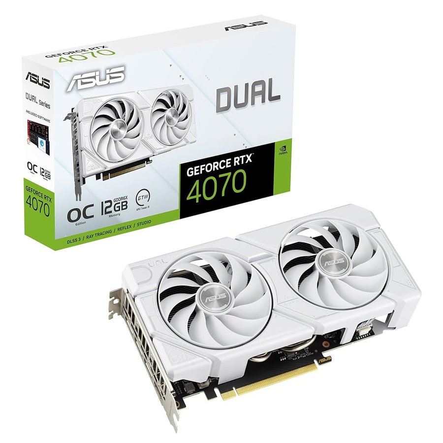 ASUS Dual GeForce RTX™ 4070 EVO White OC Edition (PCIe 4.0, 12 GB GDDR6X, DLSS 3, HDMI 2.1a, DisplayPort 1.4a, design a slot 2.5, design ventola Axial-tech)