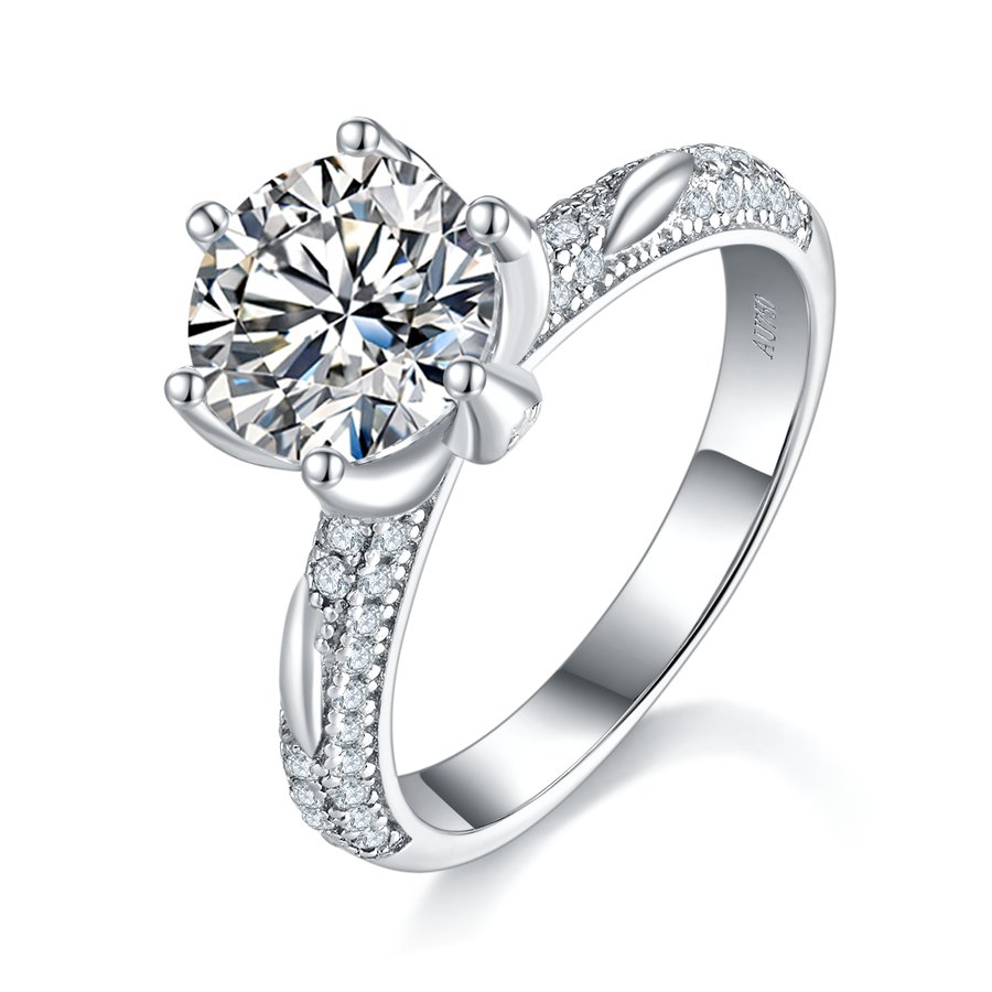 S925 Sterling Silver 2ct Round Moissanite Ring, 8mm D-VVS1 6-Prong Pave Band, Platinum Plated US Sizes 5-9, GRA Certificate Gift Box