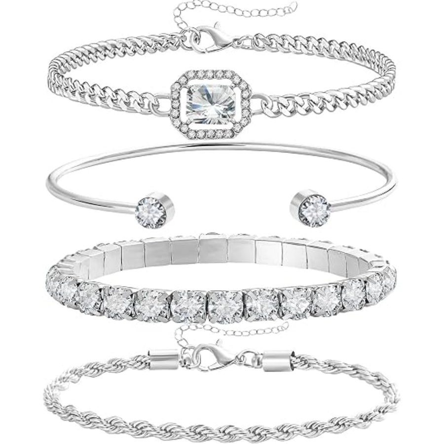 4PCS Dainty Gold & Silver Bracelets For Women, 14K Gold Plated Link Chain Bracelet Set, Minimalist Stackable Fashion Jewelry
