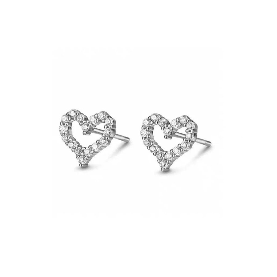 S925 Sterling Silver Open Heart Stud Earrings, D-VVS1 Moissanite Pave Outline, Platinum Plated 2g Women's Jewelry Gift Box