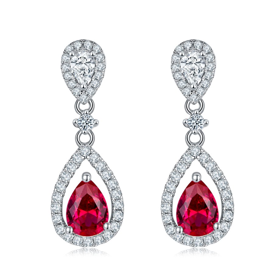 S925 Silver 3.9g Lab-Created Ruby Drop Earrings, 0.8ct 7x5mm Halo, Pair