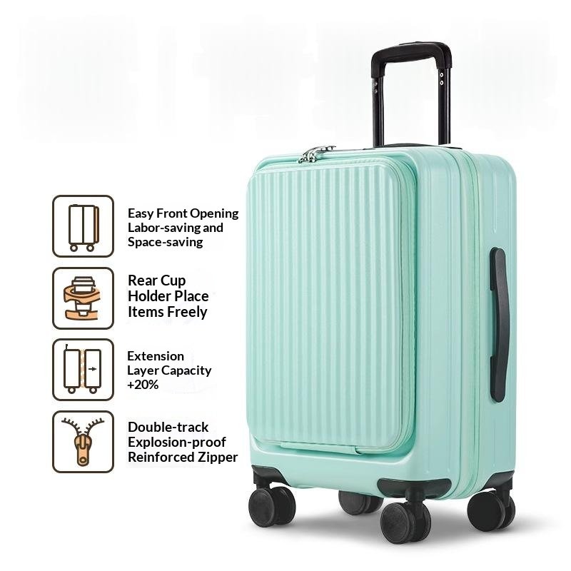 Qingbi Green-New Side-Opening Expandable 20-Inch Carry-On Rolling Suitcase 26-Lock Travel Luggage 24-Large Capacity Leather Bag For Men And Women