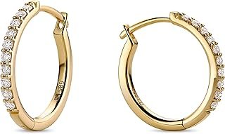 Orecchini Donna a Cerchio con Diamanti Incastonati in Oro Bianco/Oro Giallo 14 carati 585 con Diamanti 0,19 carati, 15 x 15 mm, Gioielli Donna Anallergici Fatti a Mano