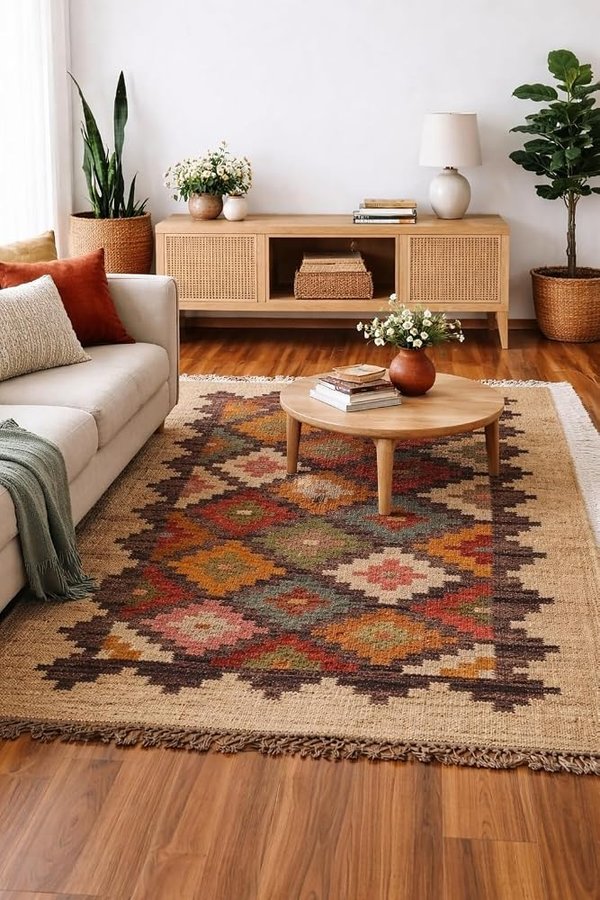 Tappeto Kilim in lana intrecciata a mano in iuta e iuta a trama piatta, stile bohémien, tribale, tappeto in fibra naturale, tappeto per soggiorno, camera da letto, corridoio, decorazione
