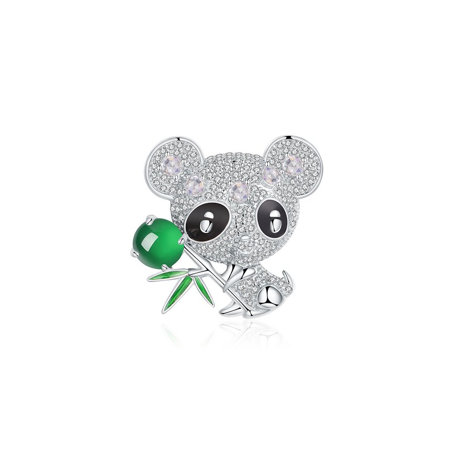 S925 Sterling Silver Panda Brooch 5g 8x6mm Oval Green Chalcedony Pave Rhinestone Platinum Plated Cute Animal Design Gift Box