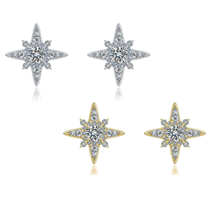 S925 Sterling Silver Star Stud Earrings, D-VVS1 Moissanite 4-Point Star Design, Platinum Plated 2.3g Elegant Jewelry Gift Box
