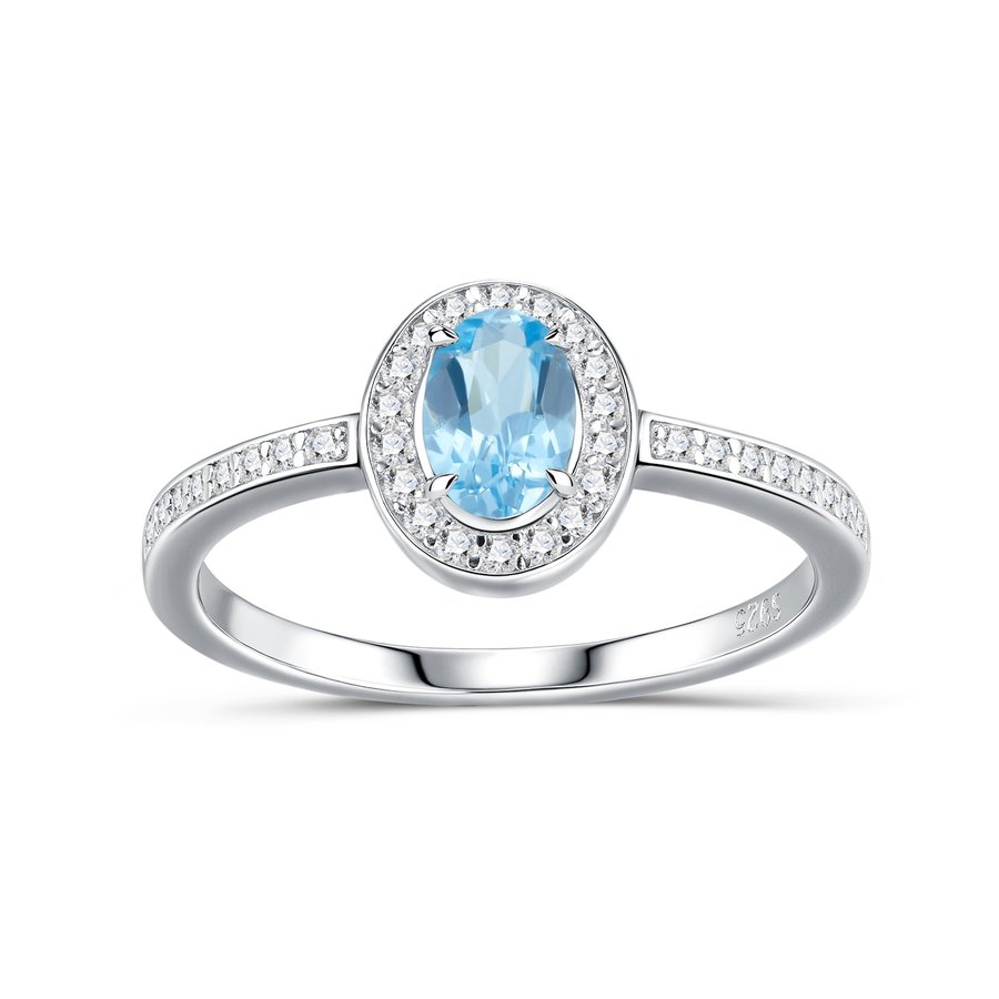 S925 Sterling Silver Platinum Plated Ring  Oval Cut Blue Topaz Halo Band 2g Dainty Promise Ring For Women Fashion Jewelry Gift Box Set