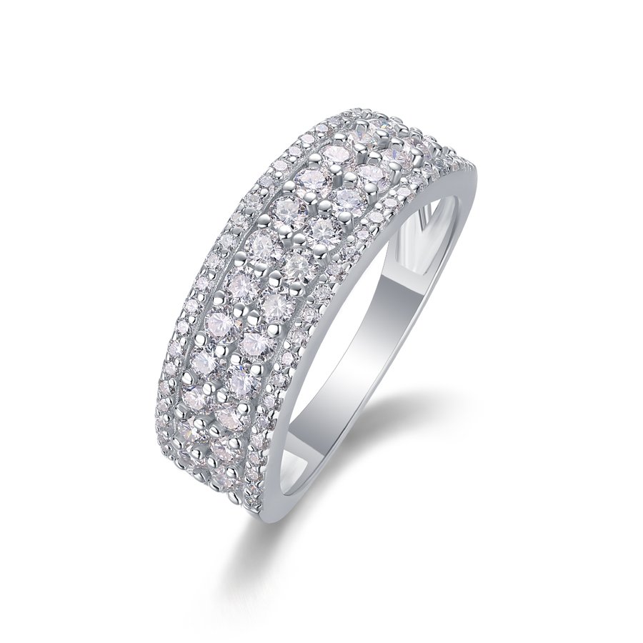 S925 Silver 3.6g Platinum Plated Moissanite Ring, 7.5mm Triple Row Pave Band, GRA Certified US 5-9