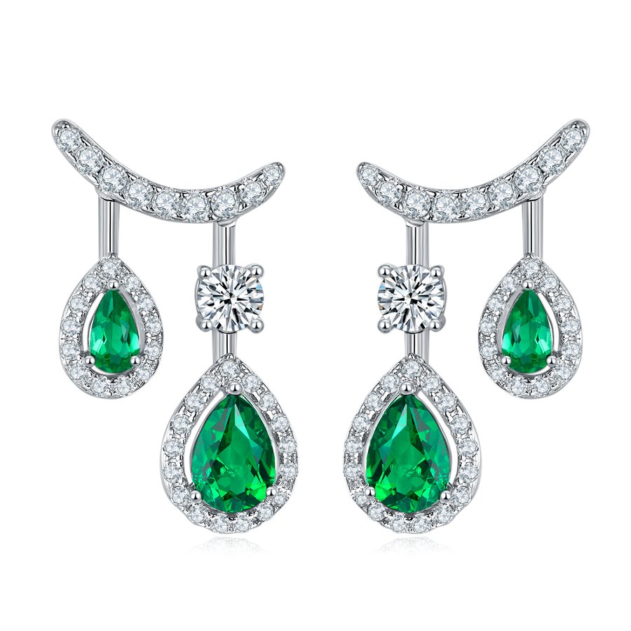 S925 Silver 4.9g 1.53ct Lab-Created Emerald Drop Earrings, Double Pear