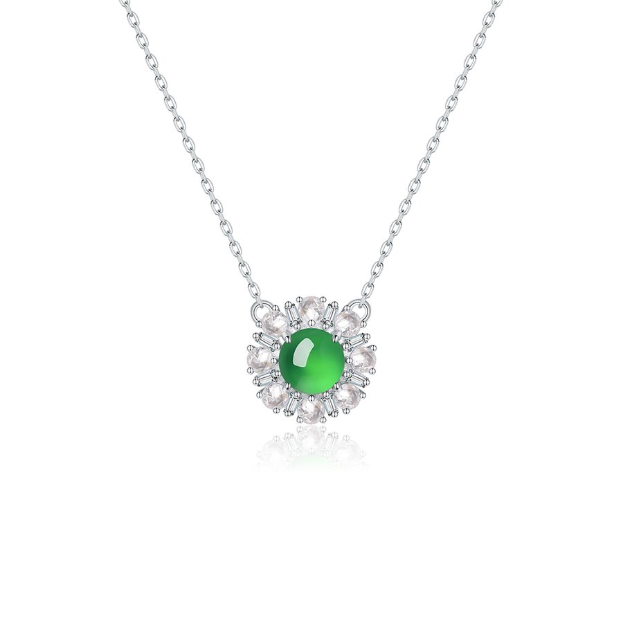 S925 Sterling Silver Necklace 45cm, 6mm Round Green Chrysoprase Pendant, Platinum Plated D Aisy Flower Jewelry For Women With Gift Box