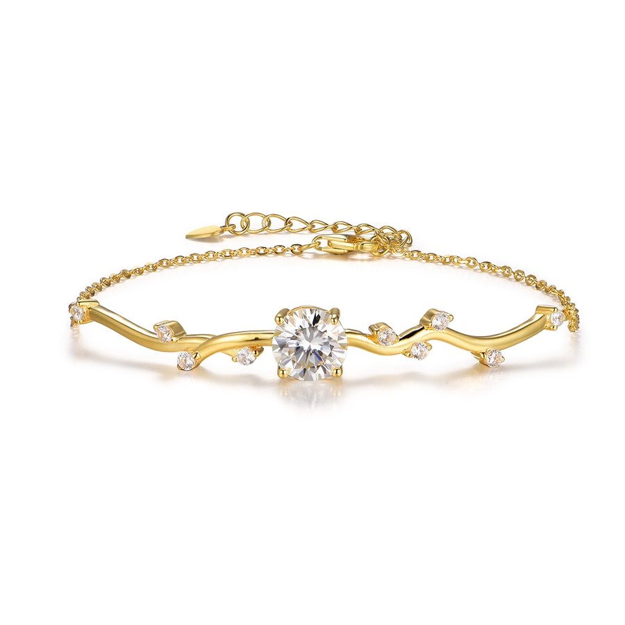S925 Silver Gold Plated 5g Moissanite Branch Bracelet, 8.0mm 2CT D VVS1 Round Stone, GRA Certified 20cm Adjustable
