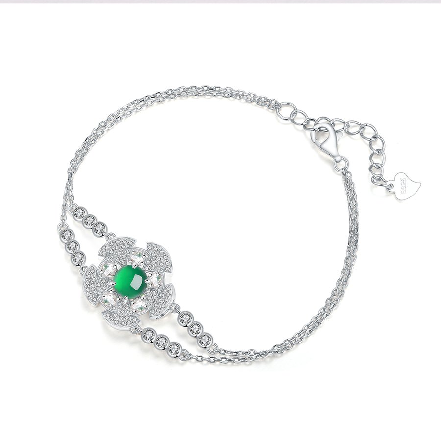 S925 Sterling Silver Bracelet Platinum Plated 6mm Round Green Chrysoprase Double Chain Fashion Jewelry With Elegant Gift Box Set For Women