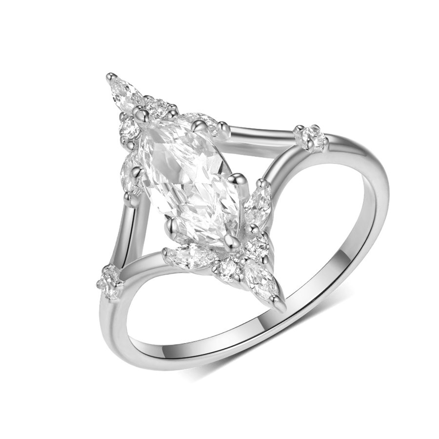 S925 Silver 2.8g Marquise Moissanite Ring, 5x10mm D VVS1 Cluster Setting, GRA Certified US 6-9