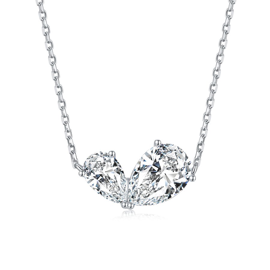 S925 Silver 3g Two Stone Pear Moissanite Necklace, 10x7mm & 8x5mm D VVS1, GRA 42&3cm