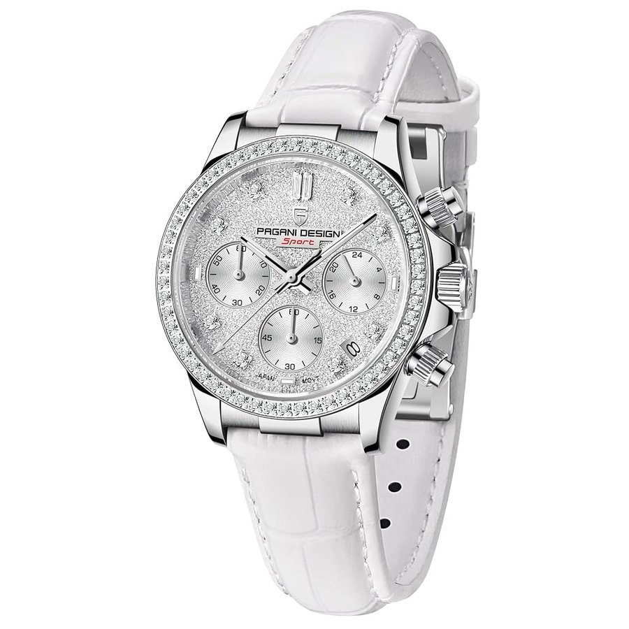Pagani Design Lusso Donna Orologio al Quarzo Diamanti Movimento Giapponese Sintetico Zaffiro Acciaio Inox Cinturino Pelle Impermeabile Cronografo Multifunzione Orologi