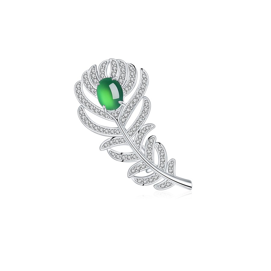 S925 Sterling Silver Feather Brooch, 8x6mm Cabochon Green Chrysoprase, Platinum Plated 4.6g, Elegant Leaf Brooch Pin For Women With Gift Box