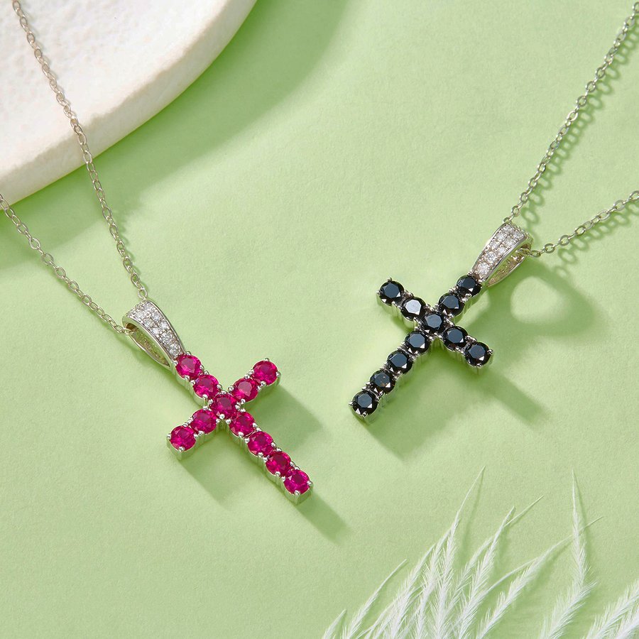 S925 Sterling Silver Cross Pendant Necklace, 3mm Lab-Grown Ruby & Black Moissanite, Platinum Plated 45cm Chain, 3.5g With GRA Certificate Gift Box