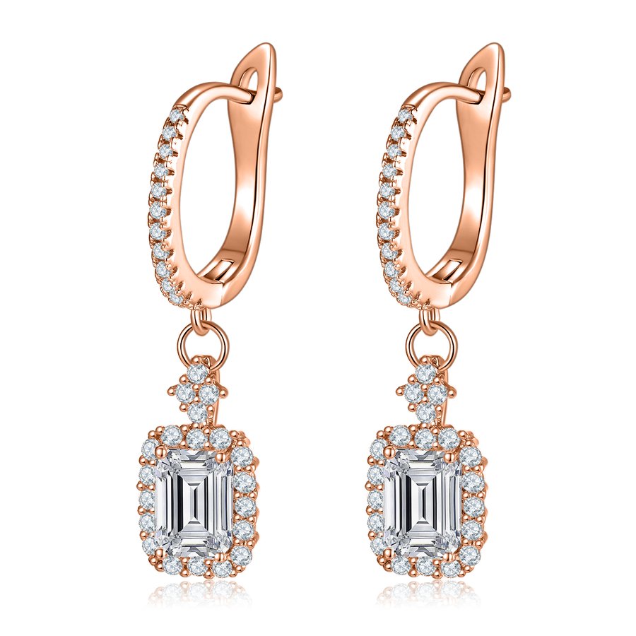 S925 Sterling Silver 2.0ct Emerald Cut Moissanite Hoop Dangle Earrings D Color VVS1 Silver Rose Gold Plated GRA Certified Gift Box