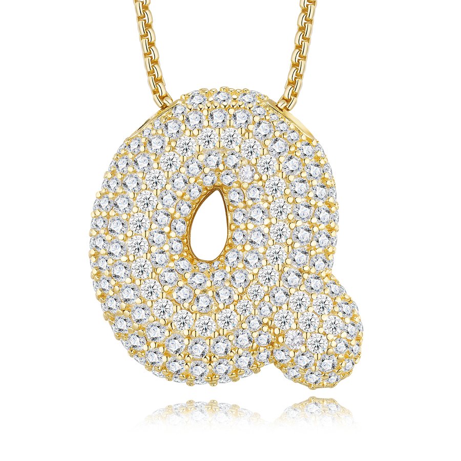 14.64g S925 Gold Plated Bubble Letter Initial Necklace For Women  D Color VVS1 Moissanite Pendant With GRA Certificate, Heavy Solid Jewelry Gift Box Set A-Z