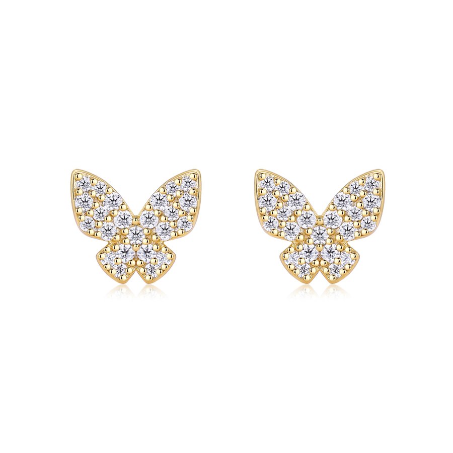 S925 Sterling Silver Gold Plated Butterfly Stud Earrings, D-VVS1 Moissanite Pave, 1.7g Women Jewelry Gift Box