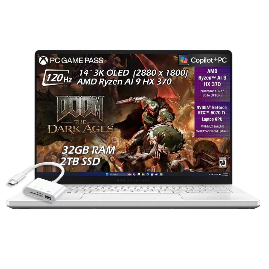 ASUS ROG Zephyrus G14 14" 3K OLED 120Hz Copilot+ PC Gaming Laptop, AMD Ryzen AI 9 HX 370, NVIDIA GeForce RTX 5070Ti, 32GB RAM 2TB SSD Wi-Fi7, Retroilluminato KB, Win11, Bianco Platino, Hub USB, W