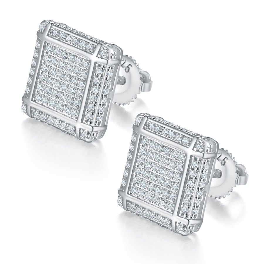 S925 Sterling Silver 176pcs D Color VVS1 Moissanite 3D Square Earrings 11.5mm Screw Back Hypoallergenic GRA Certified Gift Box