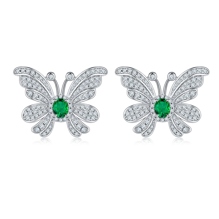 S925 Silver 6.6g Platinum Plated Butterfly Earrings, 0.39ct Lab-Created Emerald, Pair